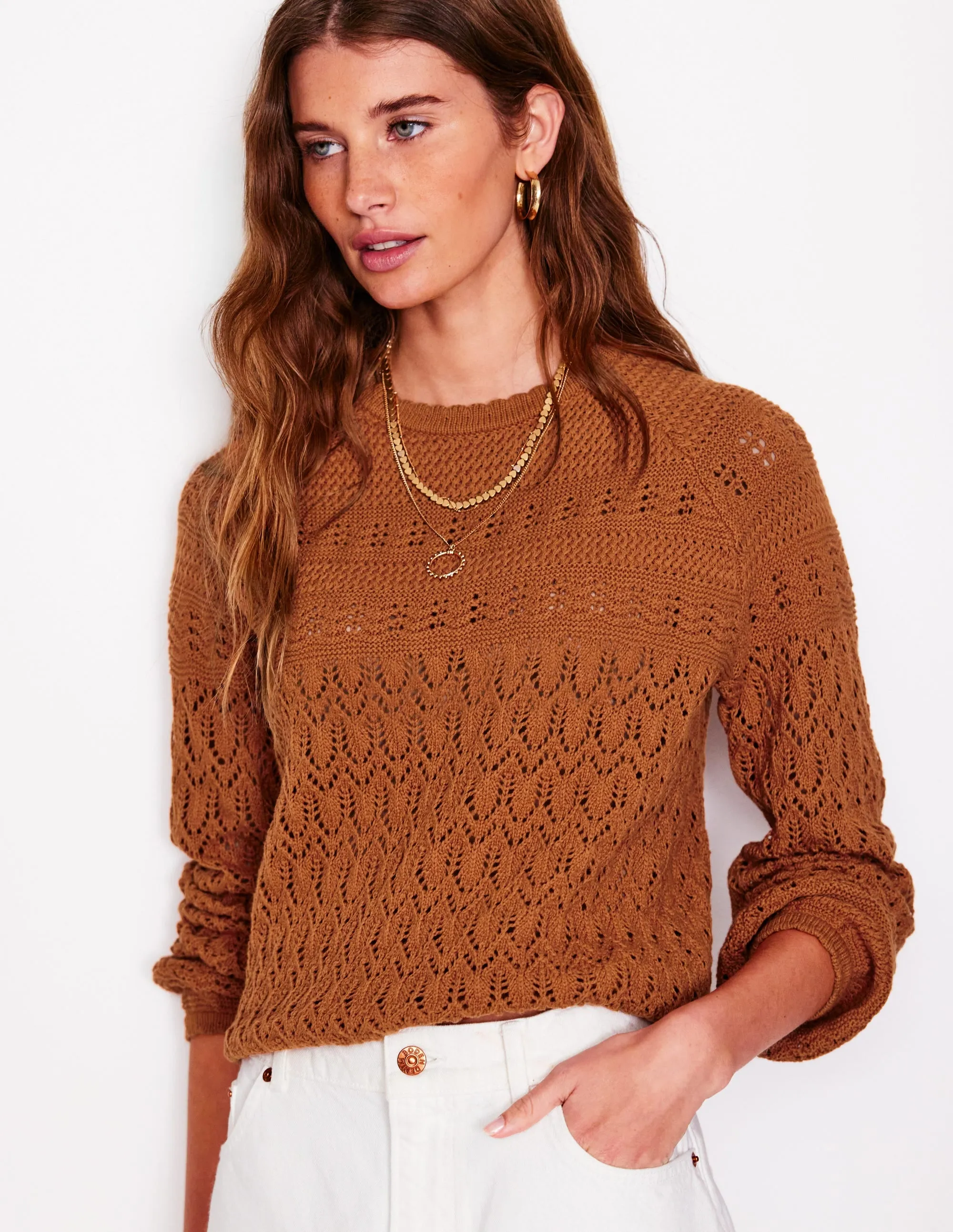 Cotton Stitch Crew Jumper-Copper Brown
