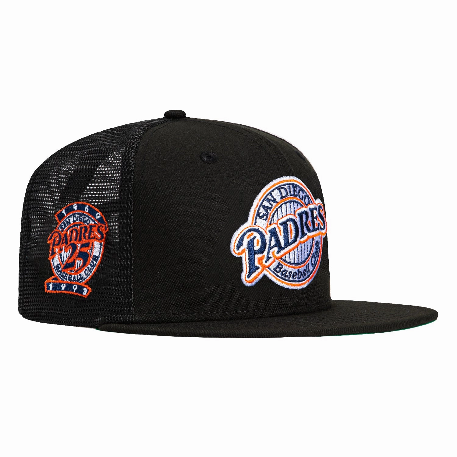 New Era 59Fifty Black Dome San Diego Padres 25th Anniversary Patch Trucker Logo Hat - Black