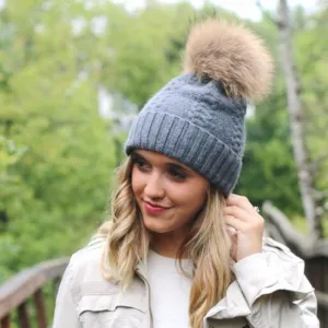 Soft Angora Cable Knit Fur Pom Beanie