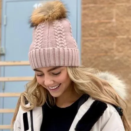 Soft Angora Cable Knit Fur Pom Beanie