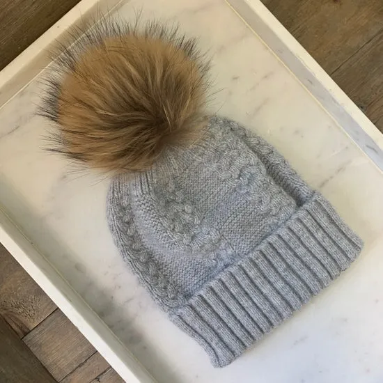 Soft Angora Cable Knit Fur Pom Beanie